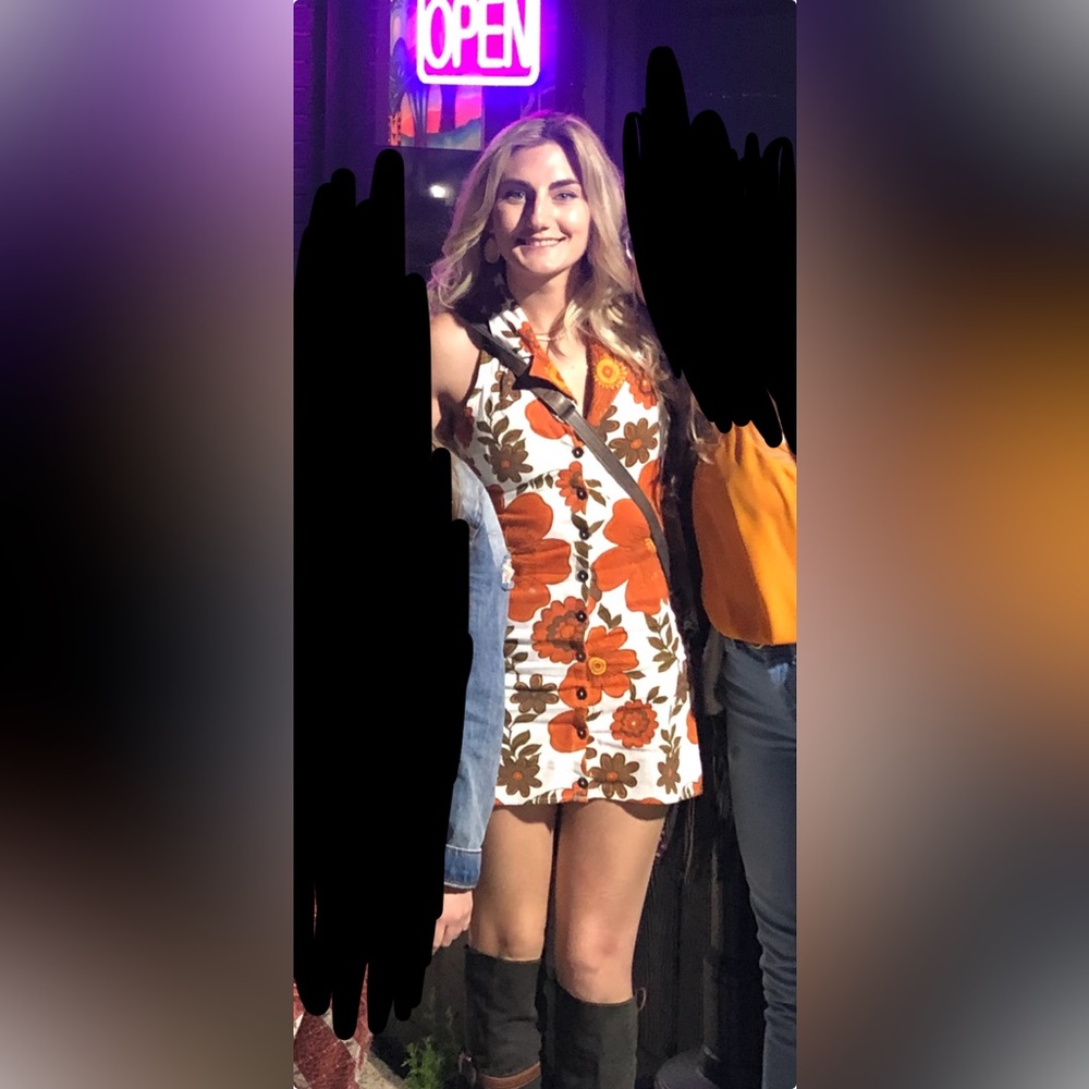Her Pony the label vintage-Inspired Floral Mini Dress - Orange and Brown - Picture 2 of 5